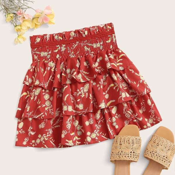 

Floral Print Shirred Tiered Layer Skirt