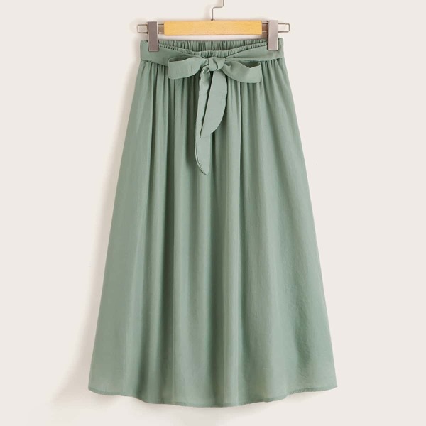 

Tie Front Flared Solid Skirt, Mint green