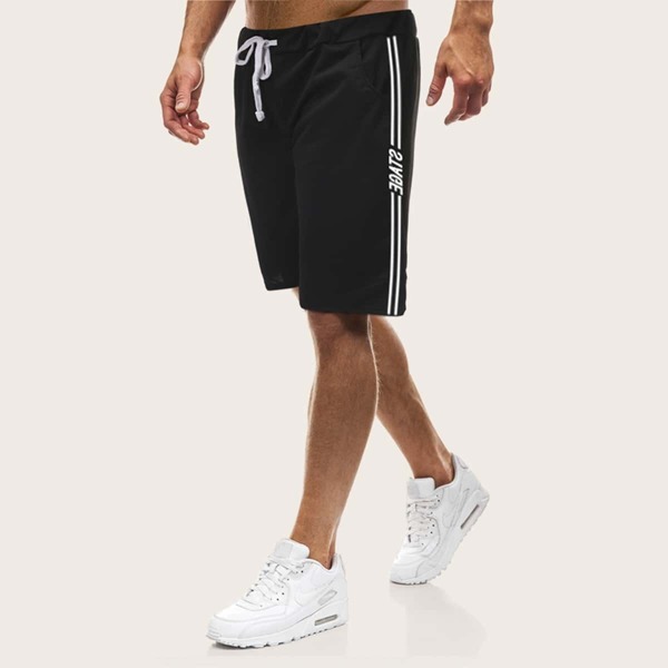

Men Letter Print Tape Side Drawstring Waist Shorts