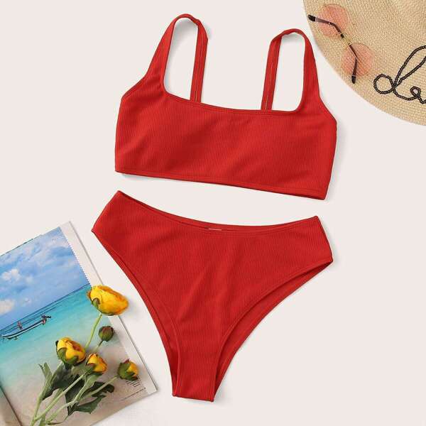 

Knit Top With High Waist Bikini Set, Red