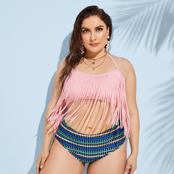 

Plus Fringe Hem Halter Bikini Set, Multicolor