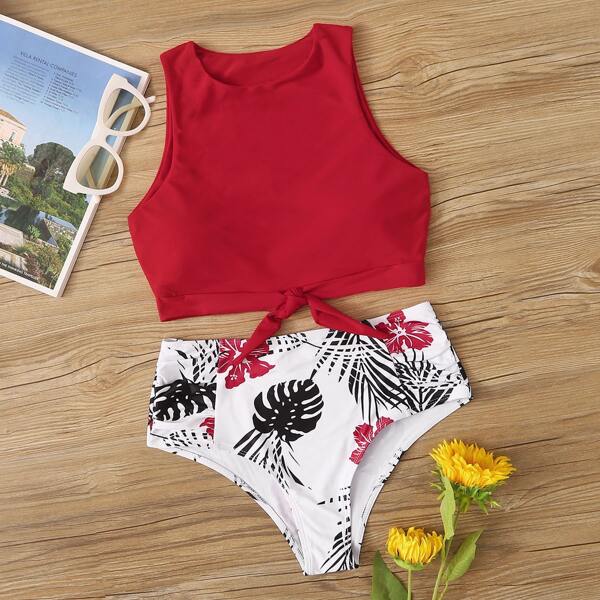 

Knot Hem Top With Tropical Bikini Set, Multicolor