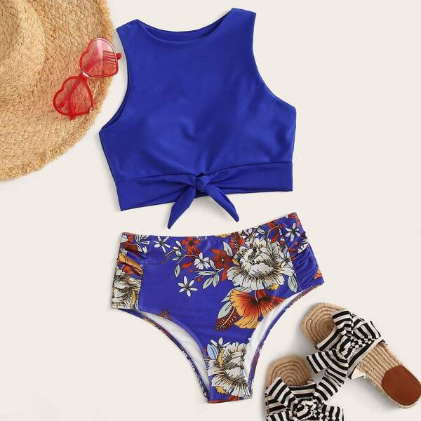 

Knot Hem Top With Floral Bikini Set