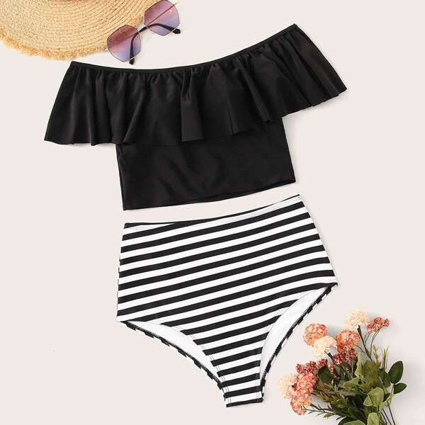 

Ruffle Trim Top With Striped Tankini