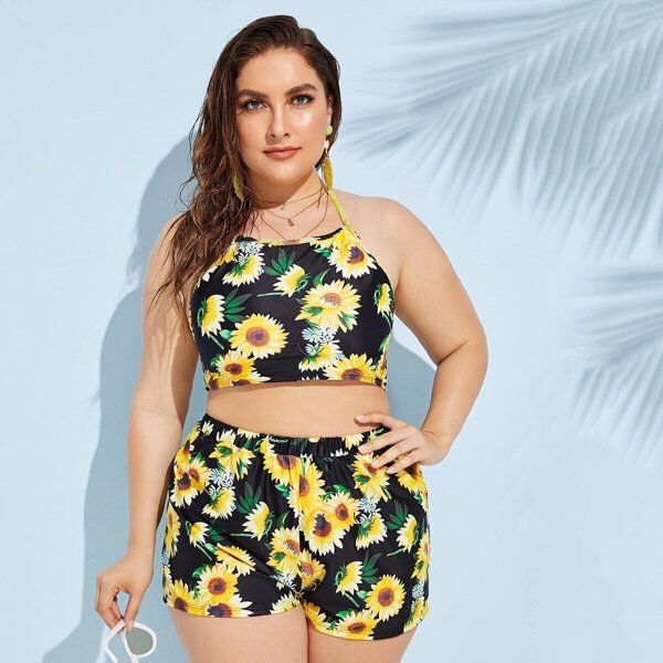 

Plus Sunflower Print Halter Top With Short 2piece Swim