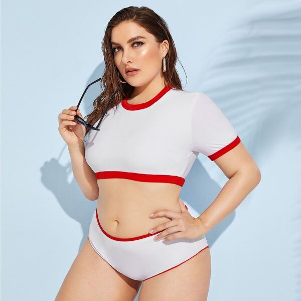 

Plus Contrast Binding Short Sleeve 2piece Swim, White