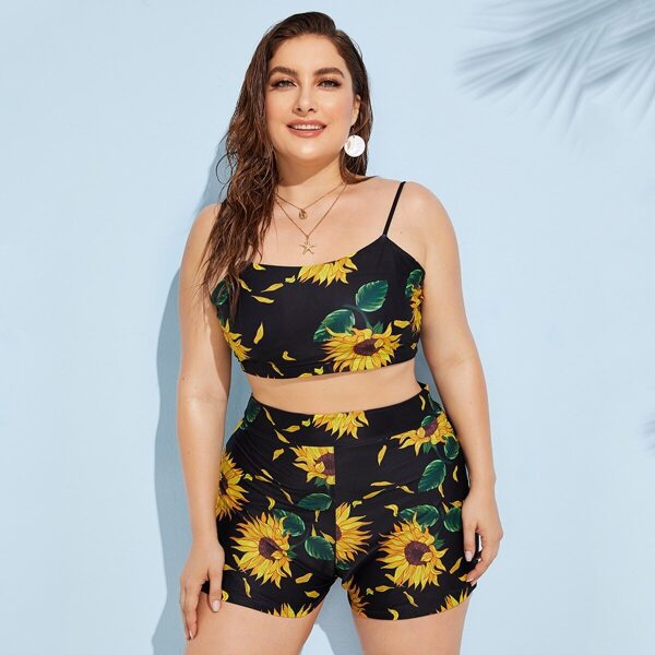 

Plus Sunflower Print Cami Short Bikini Swimsuit, Multicolor