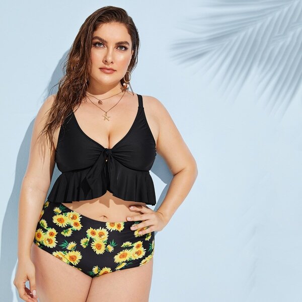 

Plus Ruffle Hem Top With Sunflower Tankini