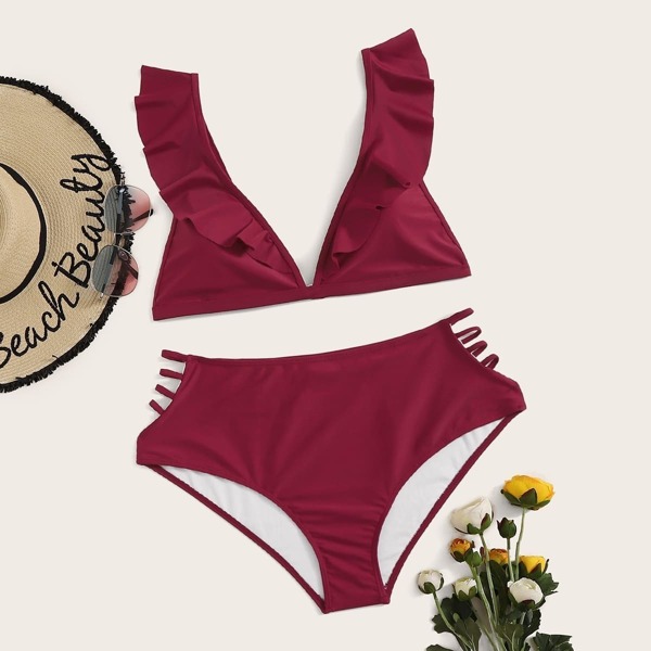 

Plus Ruffle Trim Top With Ladder Cut Out Bikini Set, Burgundy