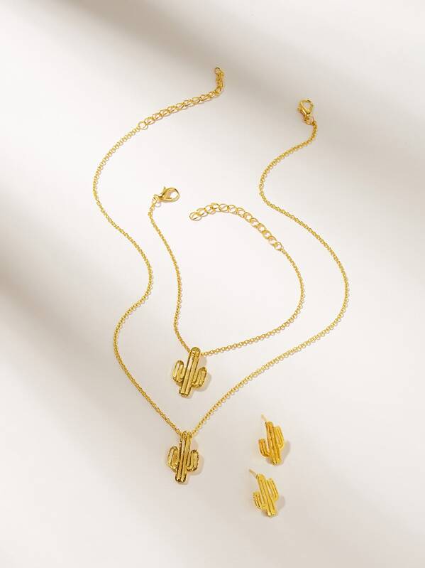 

Girls Cactus Charm Chain Necklace & Bracelet & Earrings 4pcs, Gold