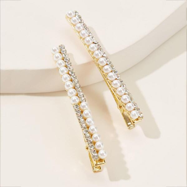 

Faux Pearl & Rhinestone Design Hairpin 2pcs, Gold