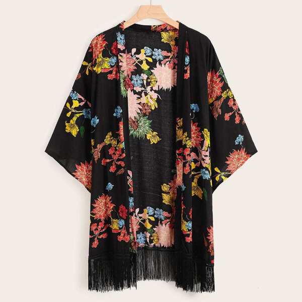 

Plus Floral Print Fringe Hem Kimono
