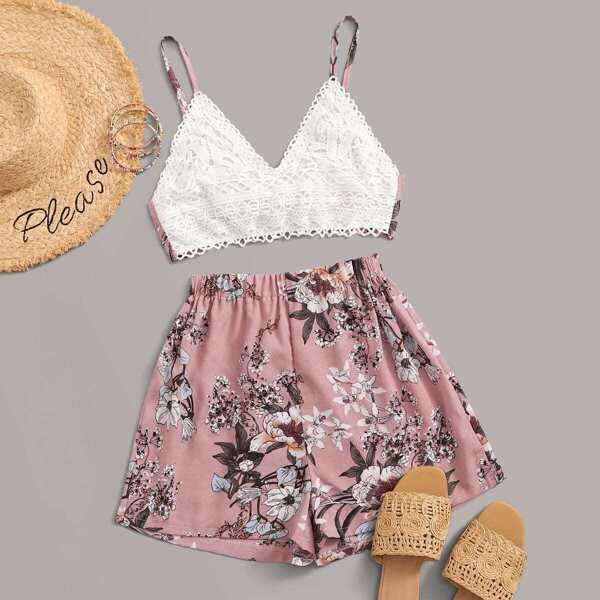

Floral Print Tie Back Cami Top With Shorts, Multicolor