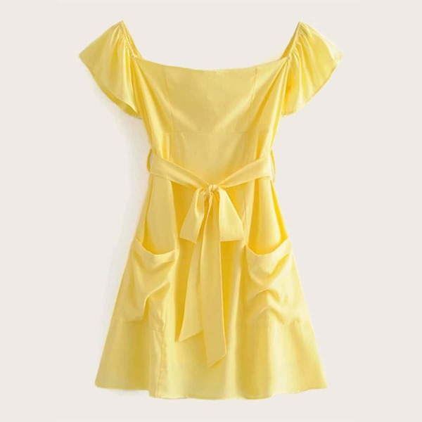 

Solid Square Neck Dual Pocket Belted Dress