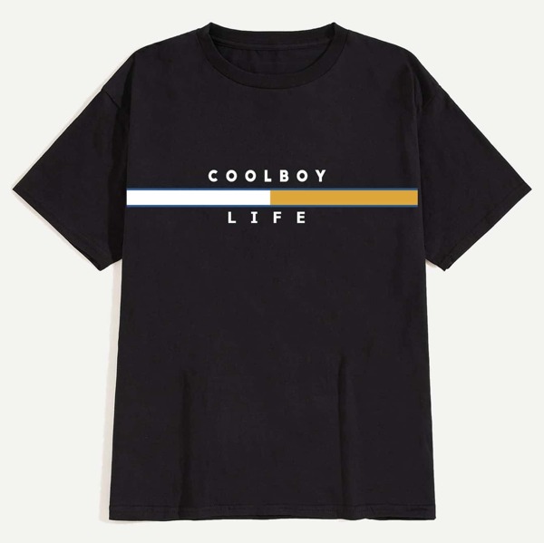 

Men Contrast Panel Letter Print Tee, Black