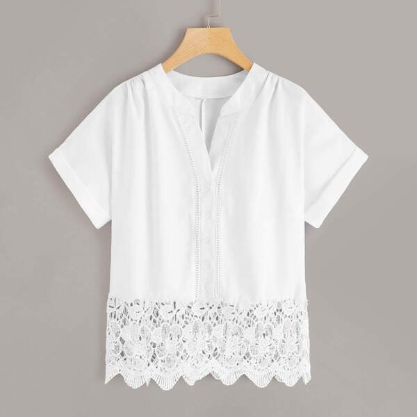 Roll Up Sleeve Button Front Contrast Lace Blouse