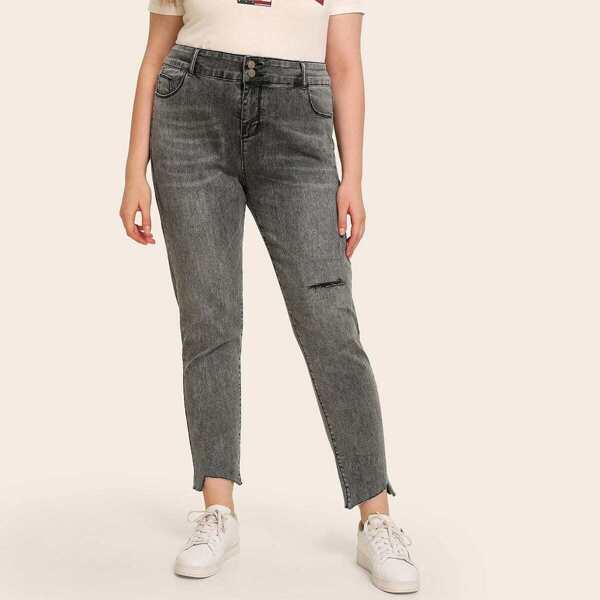 

Plus Ripped Asymmetrical Hem Button Up Washed Jeans