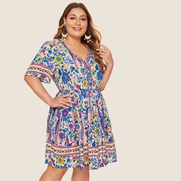 

Plus V Neck Floral Print Dress, Multicolor