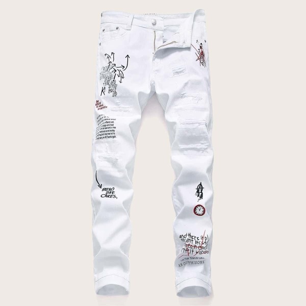 

Men Letter Embroidered Ripped Jeans