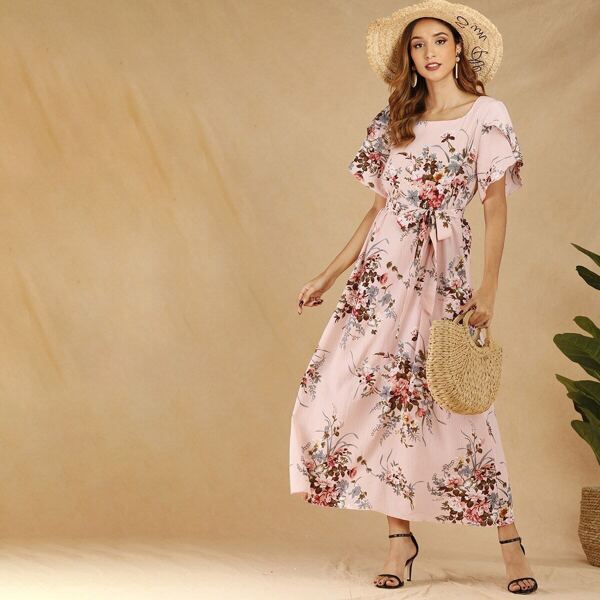

Floral Print Belted Maxi Dress, Pink