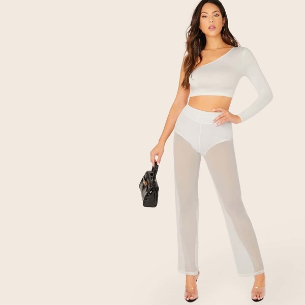 

Elastic Waist Sheer Mesh Wide Leg Pants, White