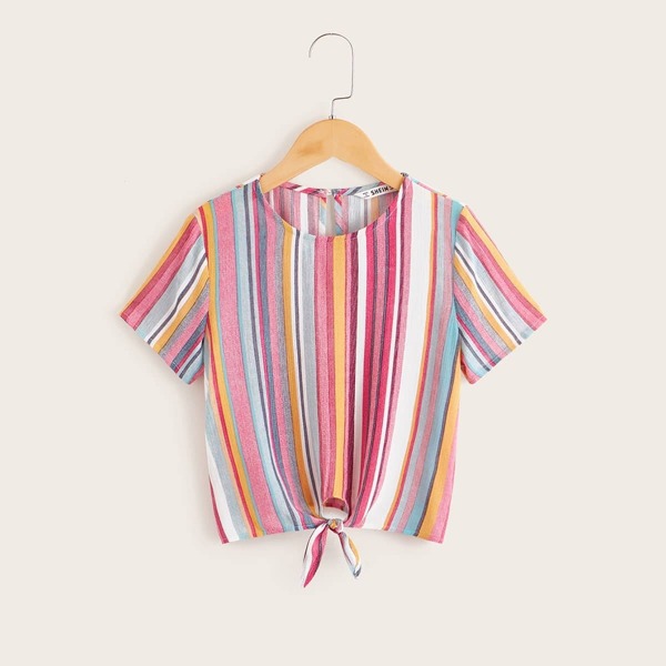 

Girls Knot Hem Colorful Striped Top, Multicolor