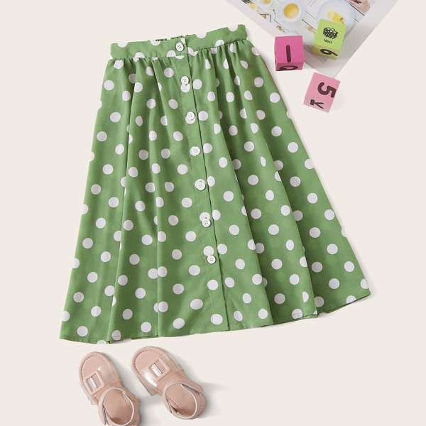

Girls Single Breasted Polka Dot Skirt, Green pastel