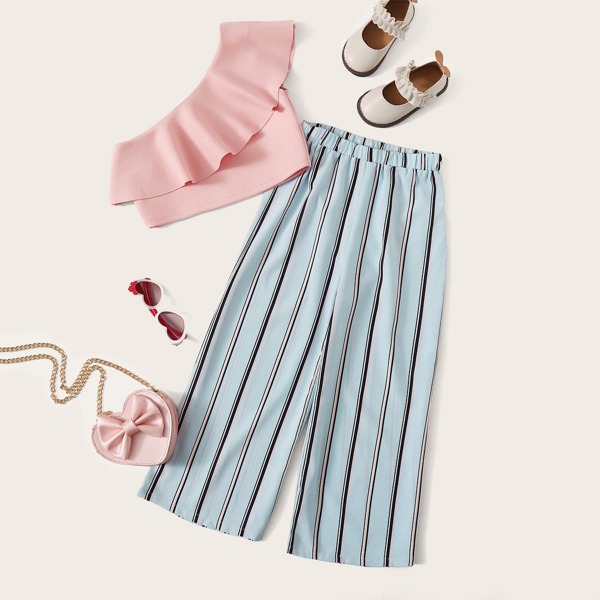 

Girls Ruffle Trim One Shoulder Crop Top & Palazzo Pants Set, Multicolor
