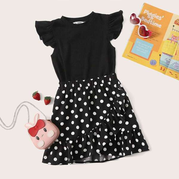 

Girls Ruffle Armhole Top & Polka Dot Wrap Skirt Set