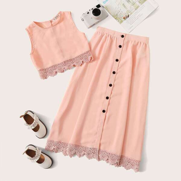 

Girls Buttoned Back Guipure Lace Hem Top & Skirt Set