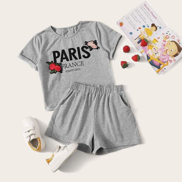 

Girls Slogan Print Patched Detail Top & Shorts Set, Grey