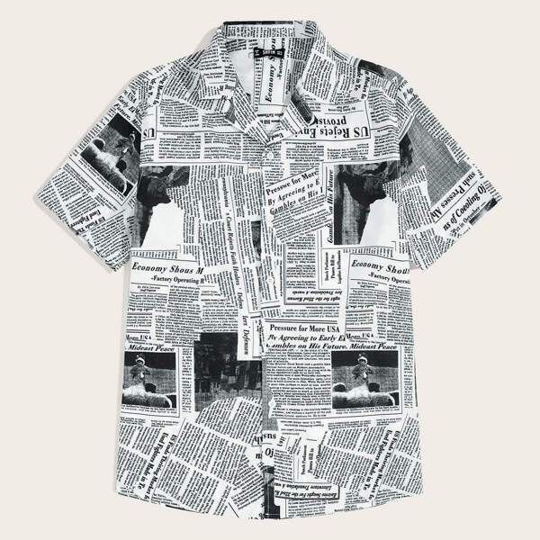 

Men Notch Collar Newspaper Print Shirt