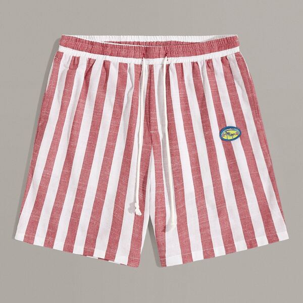 

Men Drawstring Waist Patched Striped Shorts