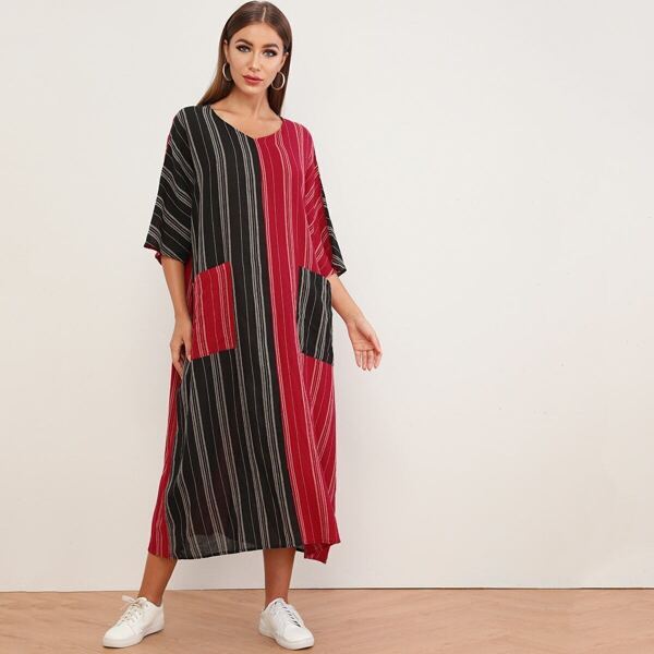 

Two Tone Pocket Patched Striped Tunic Dress, Multicolor