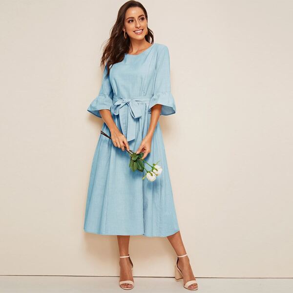 

Flounce Sleeve Self Belted Dress, Blue pastel