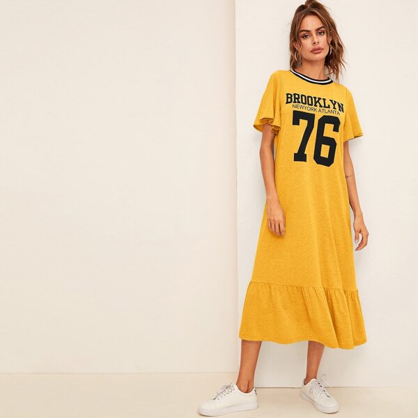 

Letter and Number Print Striped Neck Flippy Hem Dress
