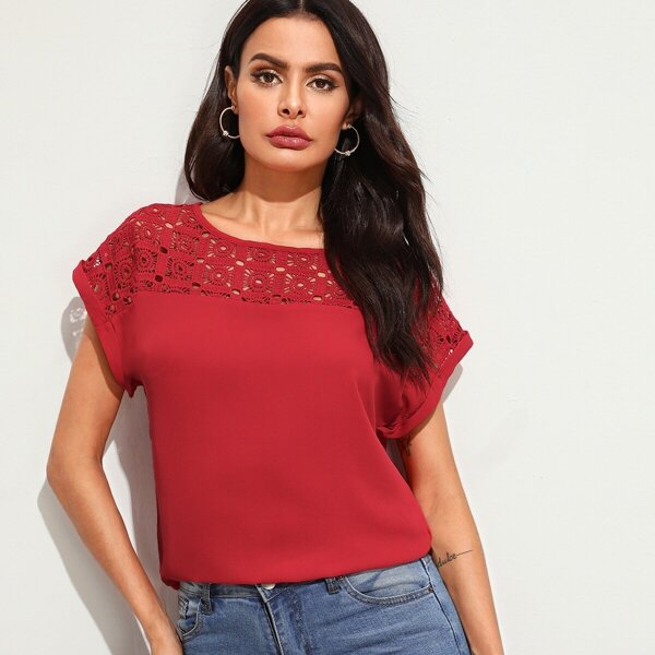 

Solid Guipure Lace Yoke Top