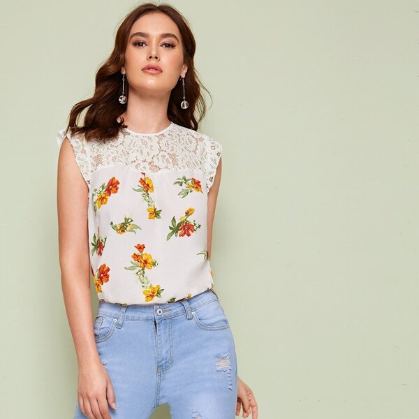 

Floral Print Lace Yoke Keyhole Back Top