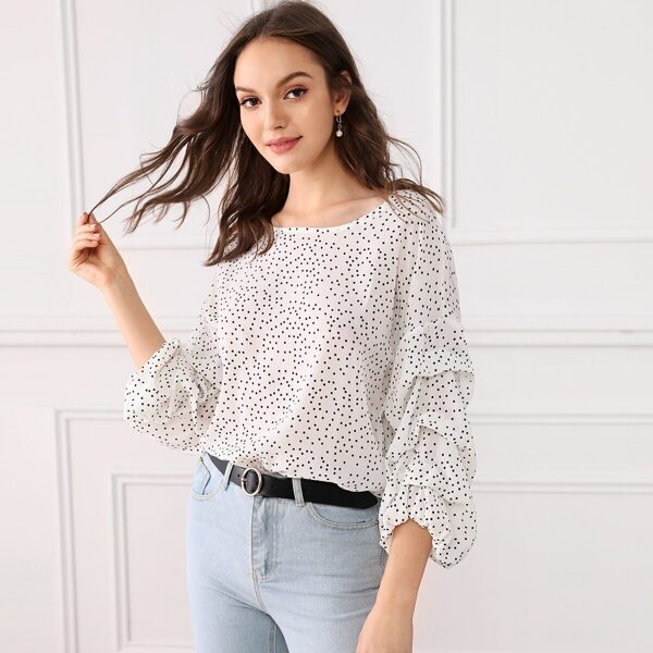 

Polka Dot Gathered Sleeve Top, White