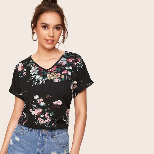 

V-neck Cuffed Sleeve Floral Print Top, Black