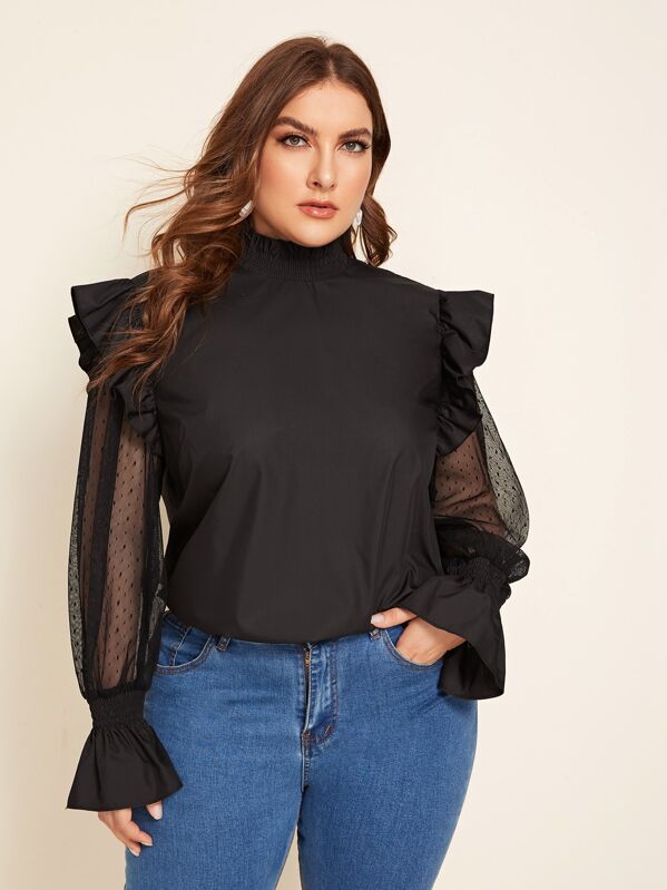 

Plus Turtleneck Ruffle Detail Mesh Flounce Sleeve Top, Black, Franziska