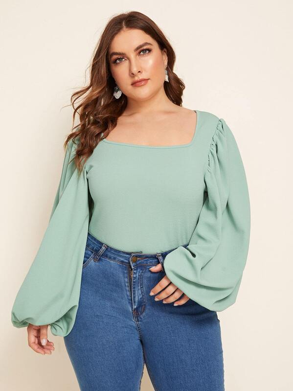 

Plus Solid Lantern Sleeve Top, Green, Franziska