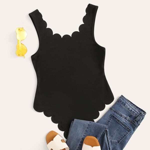 

Plunging Neck Scallop Edge Solid Bodysuit