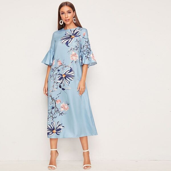 

Botanical Flounce Sleeve Dress, Blue