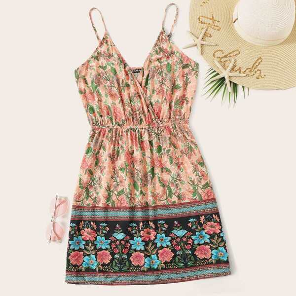 

Surplice Neck Floral Print Slip Dress, Multicolor