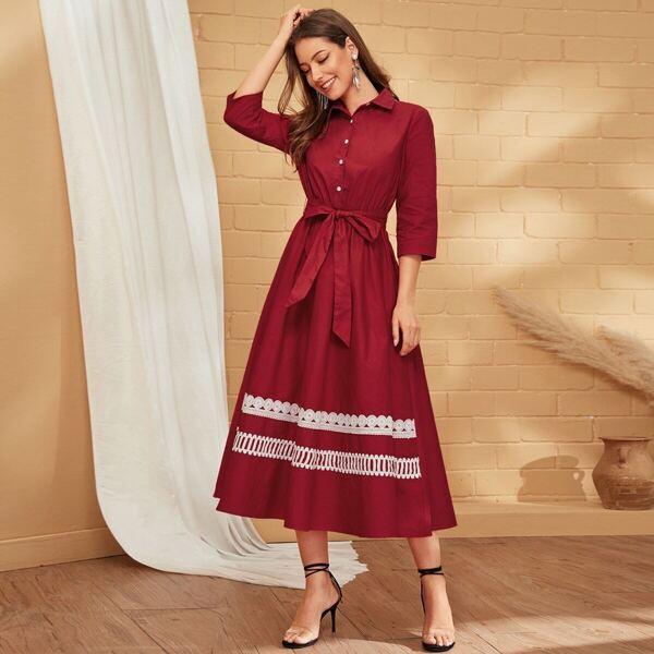 

Embroidered Detail Self Belted Shirt Dress, Red