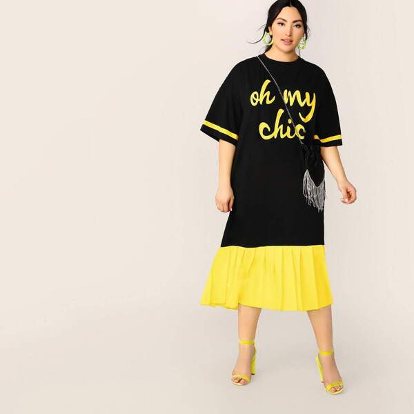 

Plus Neon Yellow Colorblock Striped & Slogan Print Pleated Hem Dress