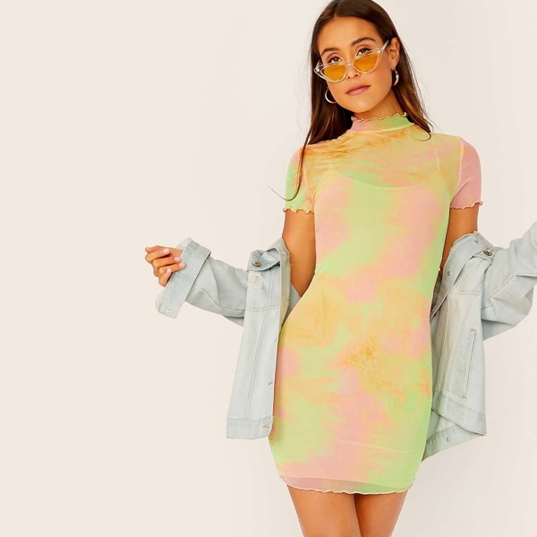 

Mock Neck Lettuce Trim Tie Dye Bodycon Dress Without Cami
