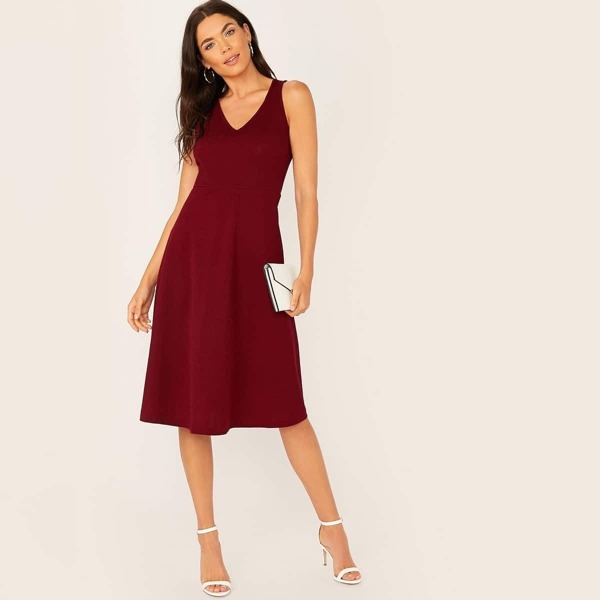 

Solid Fit and Flare Dress, Burgundy