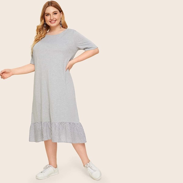 

Plus Heather Grey Panel Striped Hem Dress